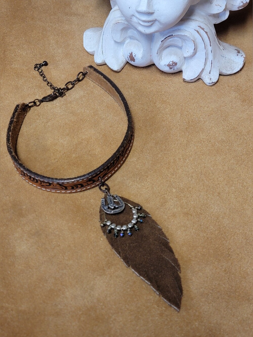 Bohemian Western Tooled Leather Choker Necklace Artisian